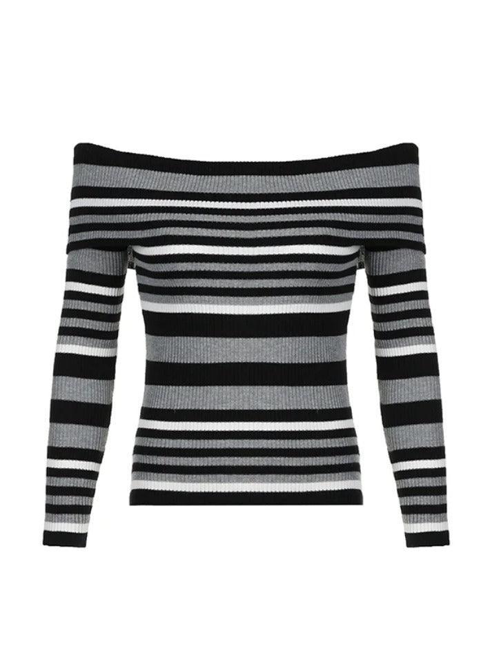 Contrast Color Striped Off Shoulder Slim Sweater