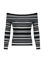 Contrast Color Striped Off Shoulder Slim Sweater