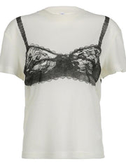 Contrast Lace Sheer Corset Printed Tee