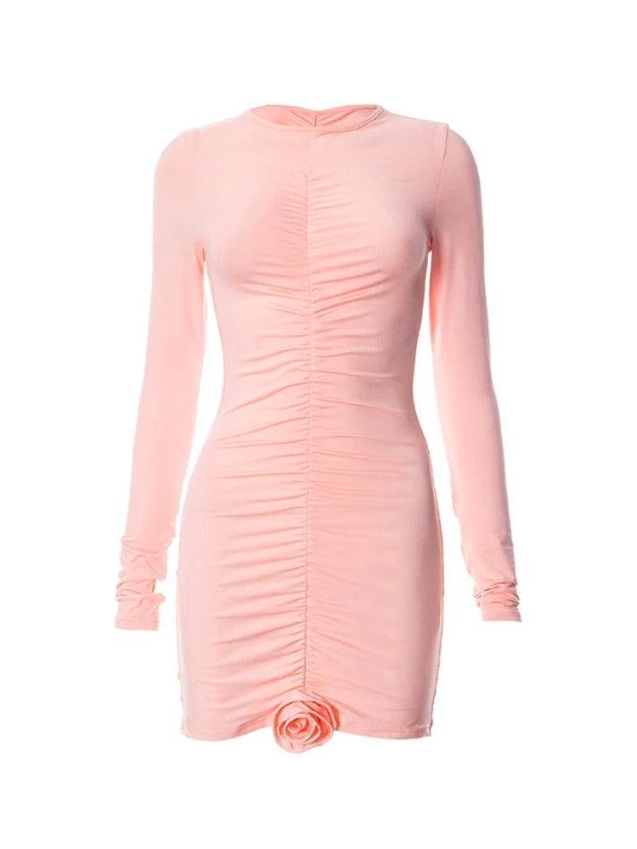 Solid Shirred Rose Decor Wrap Hip Mini Dress