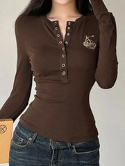 Vintage Brown Cherry Embroidery Breasted Long Sleeve Tee