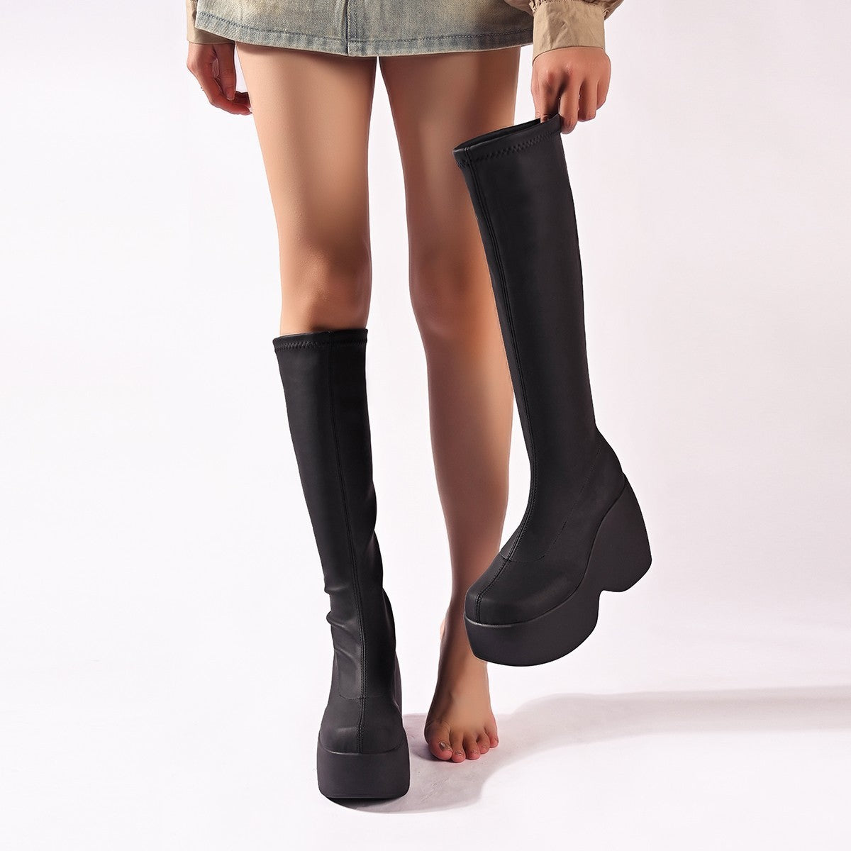 Black Chunky High-heeled Platform Knee Boots