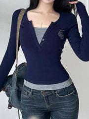Contrast Color Print Fake Two Piece Long Sleeve Knit