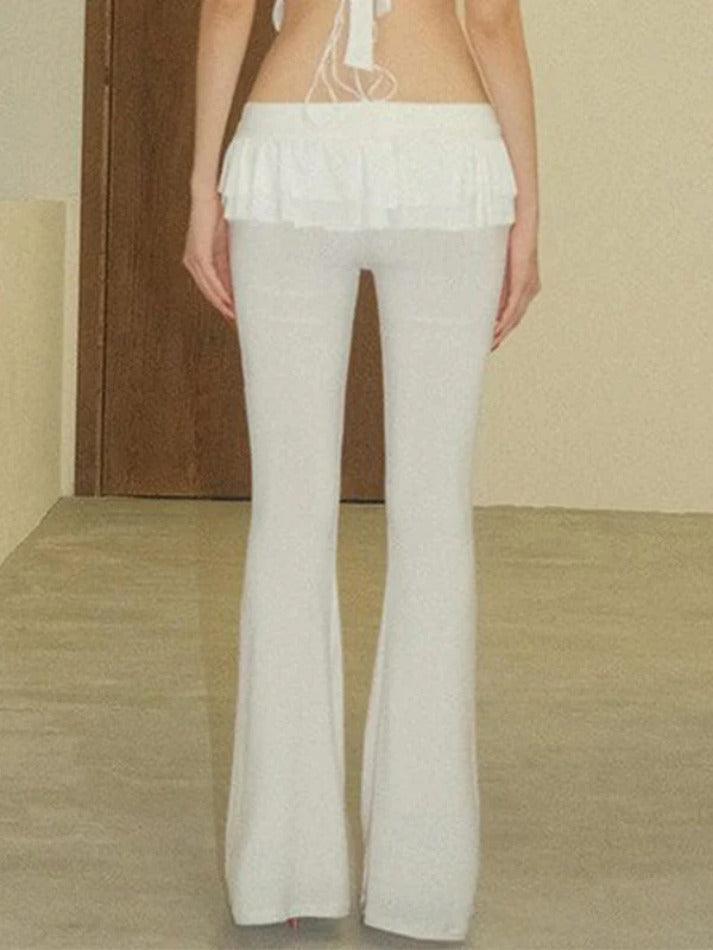 Solid Ruffled Trim Tie Up Flare Leg Pants