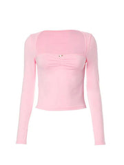 Solid Square Neck Shirred Long Sleeve Tee