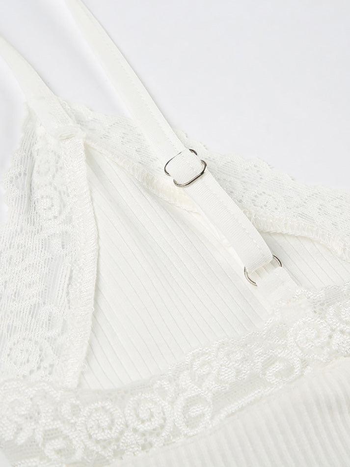 Spaghetti Strap V-Neck Lace-Trim Bodysuit Top
