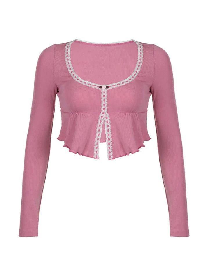 Lace Trim U Neck Slit Cropped Long Sleeve Blouse