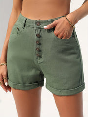 Army Green Rolled Hem Denim Shorts