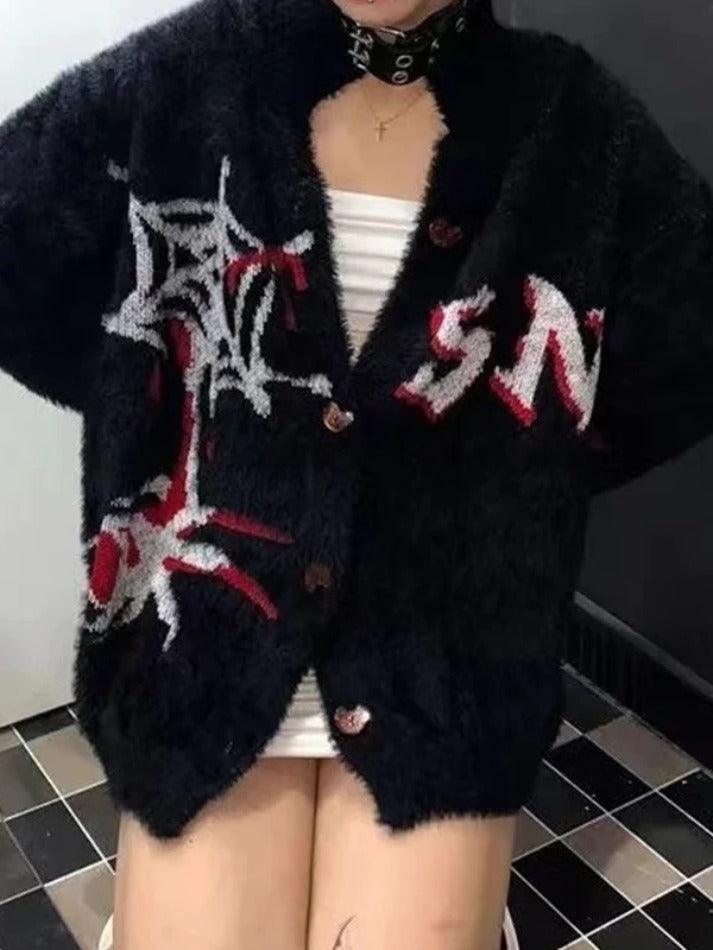 Spider Web Print Fuzzy Loose Cardigan