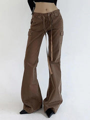 Vintage Brown Button Lace Up Flare Jeans