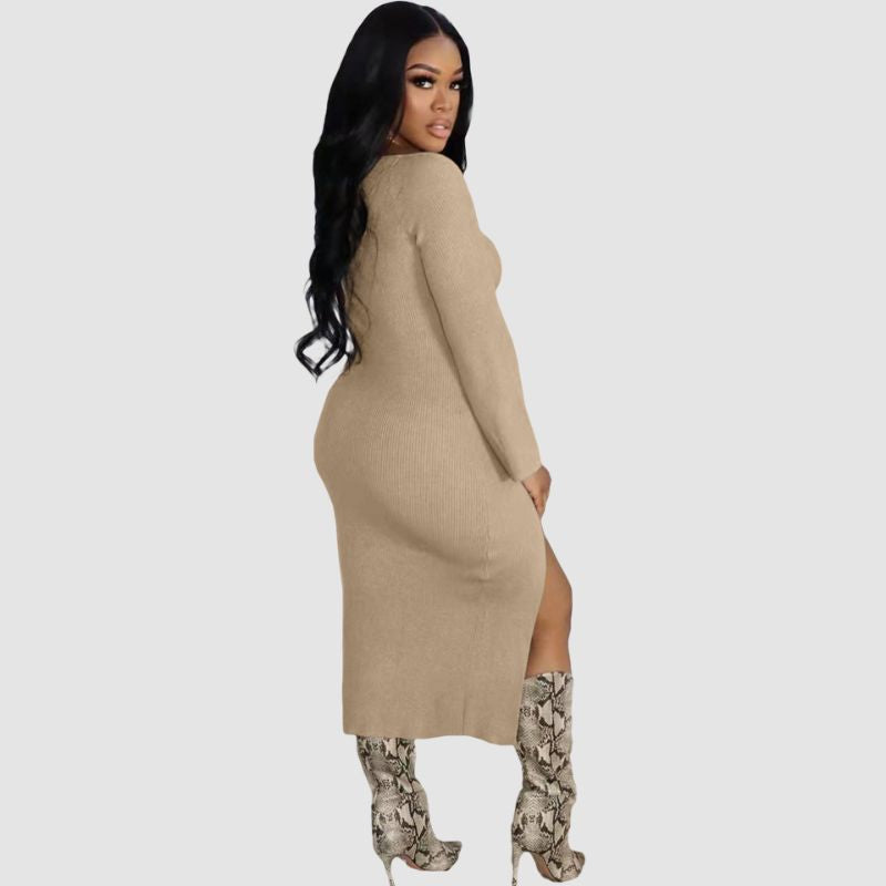 Solid Color Slit Bodycon Ribbed Knit Dresses