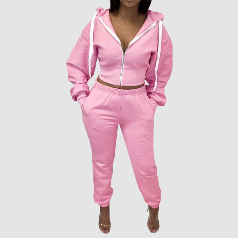 Solid Color Zip Hoodies Pant Set