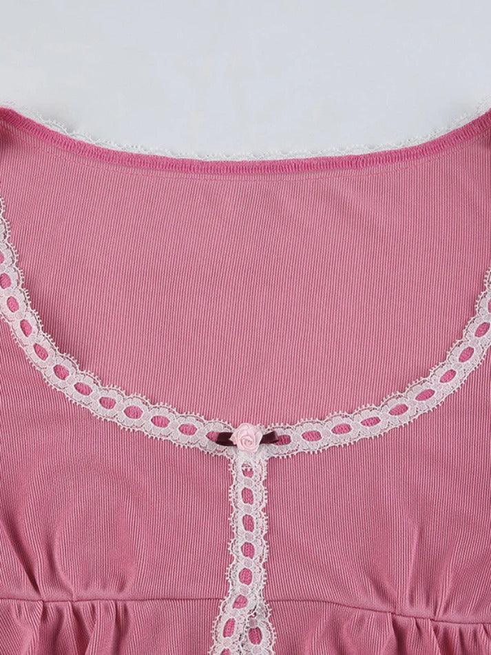 Lace Trim U Neck Slit Cropped Long Sleeve Blouse