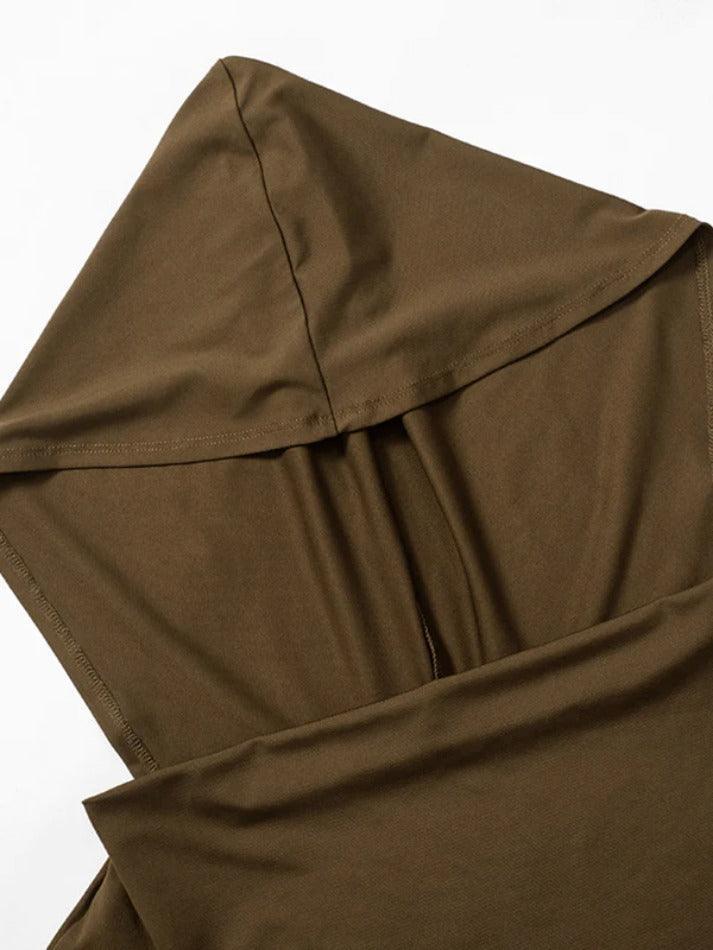 Solid Ruched Hooded Ribbon Tie Up Cropped Long Sleeve Tee