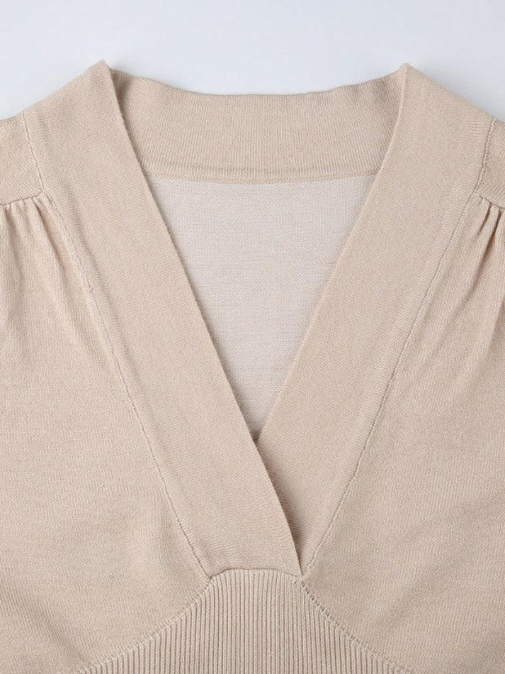 Solid V Neck Ruched Sweater
