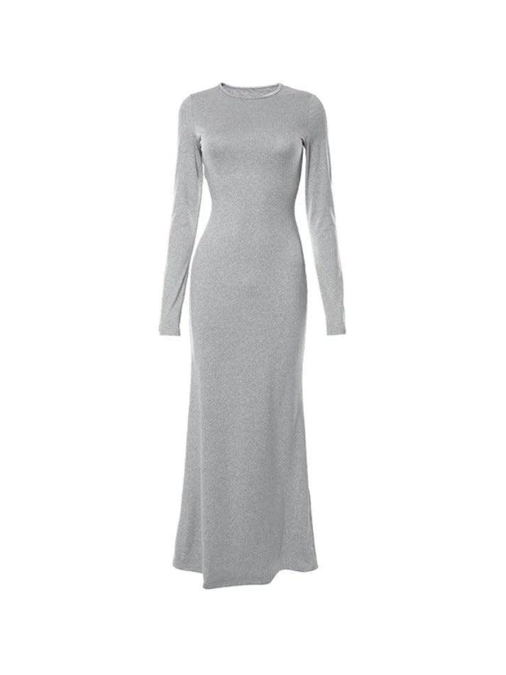 Solid Crew Neck Long Sleeve Mermaid Maxi Dress