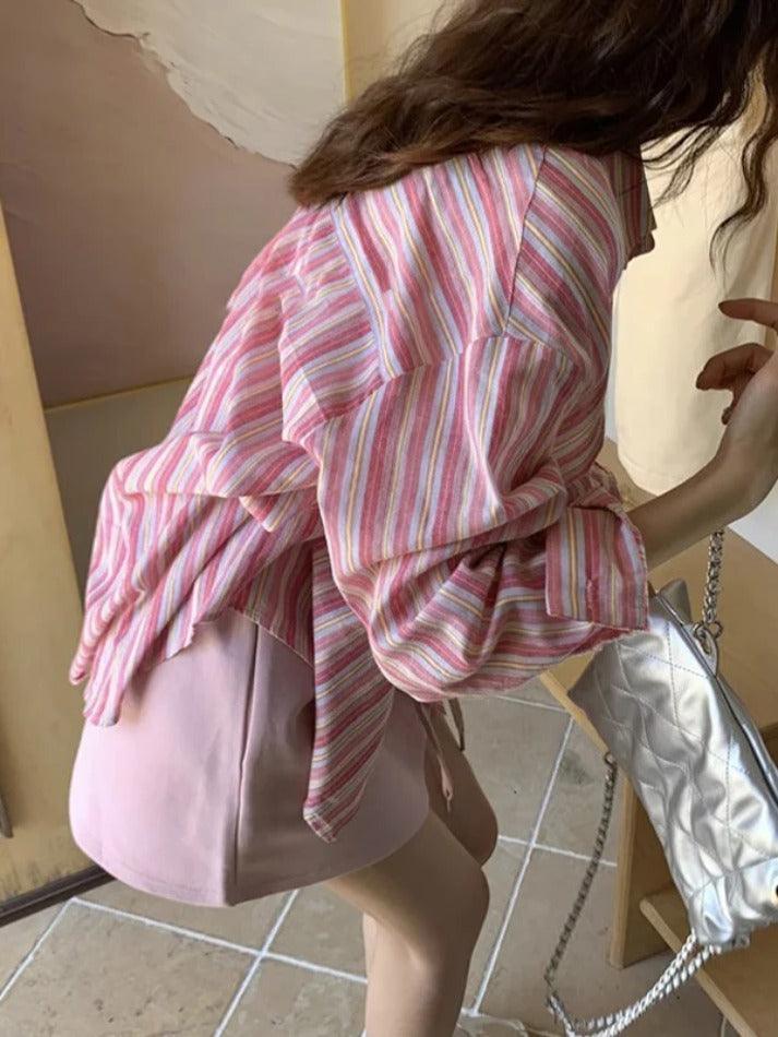 Contrast Color Striped Long Sleeve Blouse
