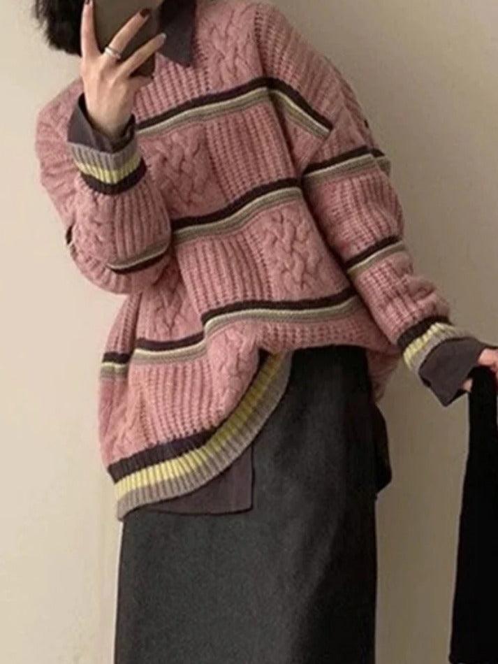 Contrast Color Striped Cable Knit Sweater