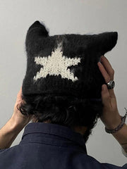 Contrast Color Star Cat Ear Styling Beanie Hat