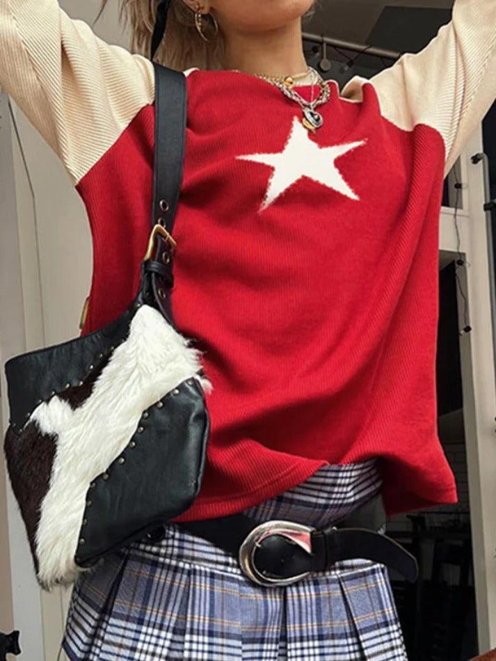 Vintage Contrast Color Star Raglan Sweater