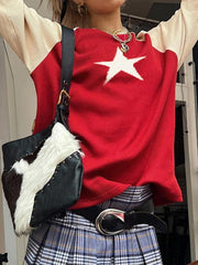 Vintage Contrast Color Star Raglan Sweater