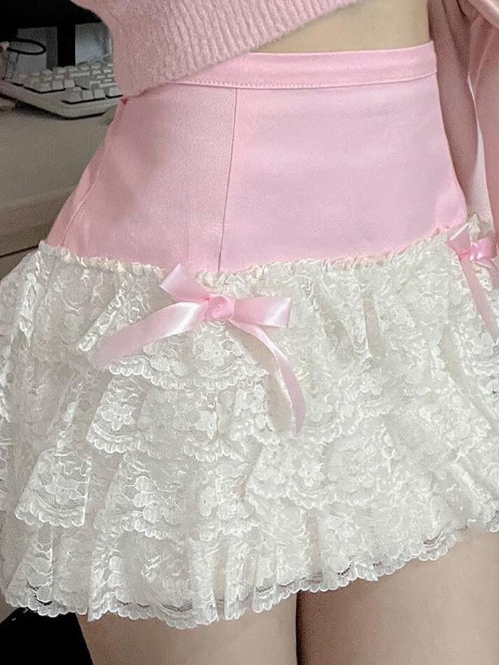 Bow Lace Patchwork Color Clash Skirt