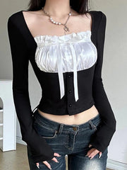 Splice Bow Square Neck Fake Two Piece Long Sleeve Tee