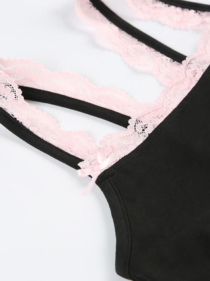 Spaghetti Strap Lace-Trim Plain Bodysuit Top