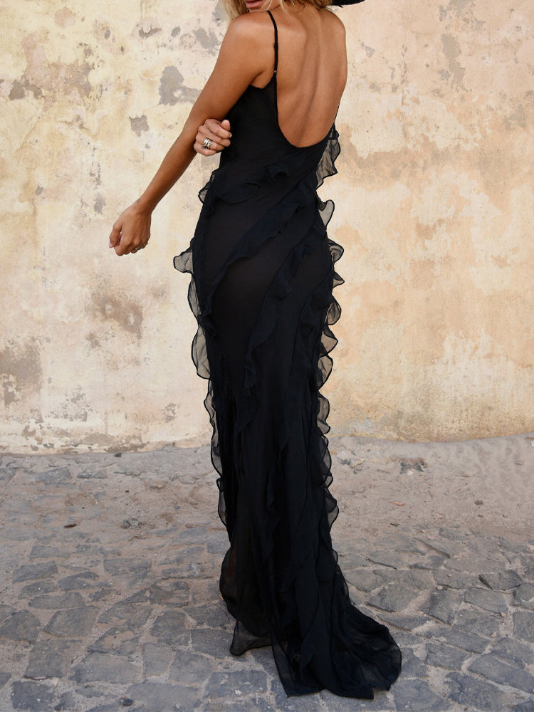 Black Side Slit Backless Maxi Dress With Ruffle Detail