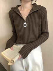 Solid Half Zip Ribbed Knit Sweater