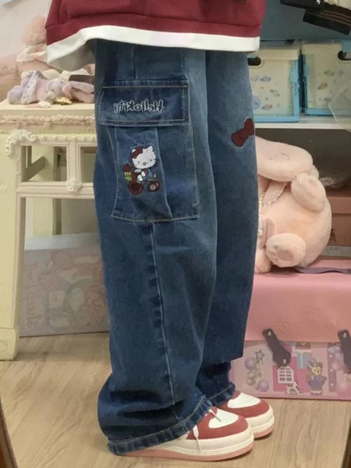 Cartoon Embroidery High Waist Loose Boyfriend Jeans