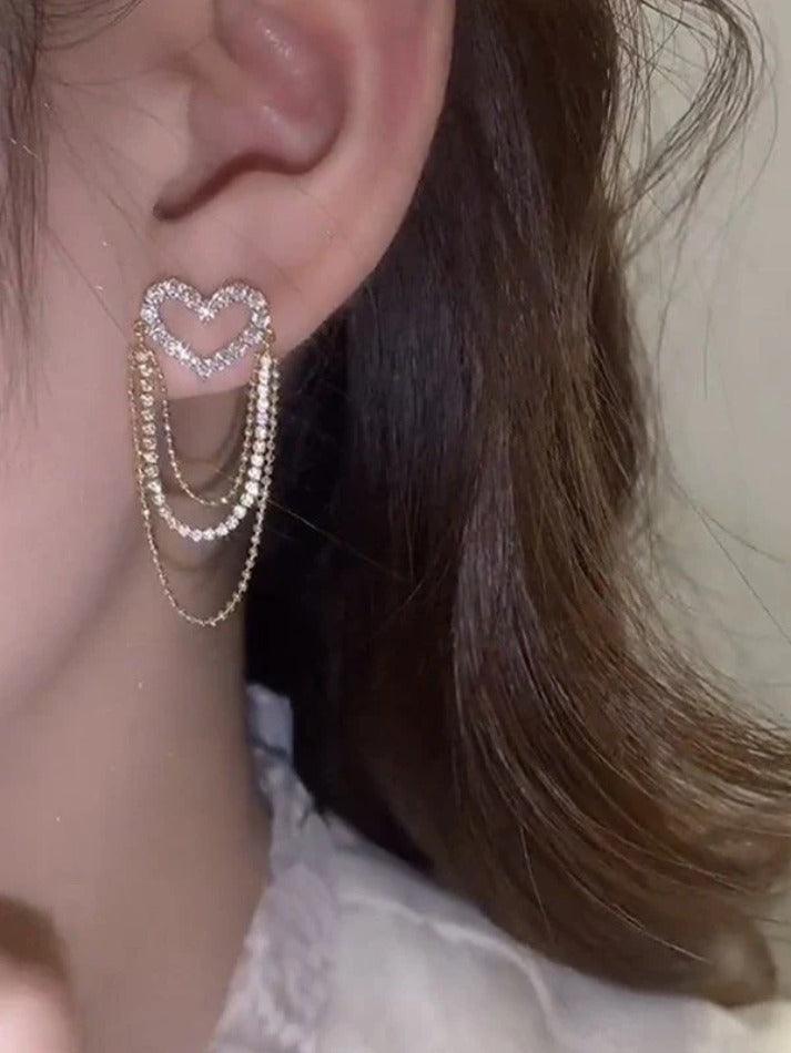 Tassel Chain Rhinestone Heart Earring