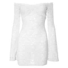 Long flared sleeve off shoulder lace see through mini dress