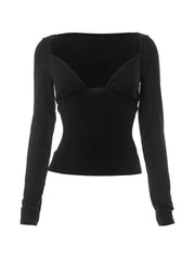 Solid Splice Cutout Backless Long Sleeve Tee