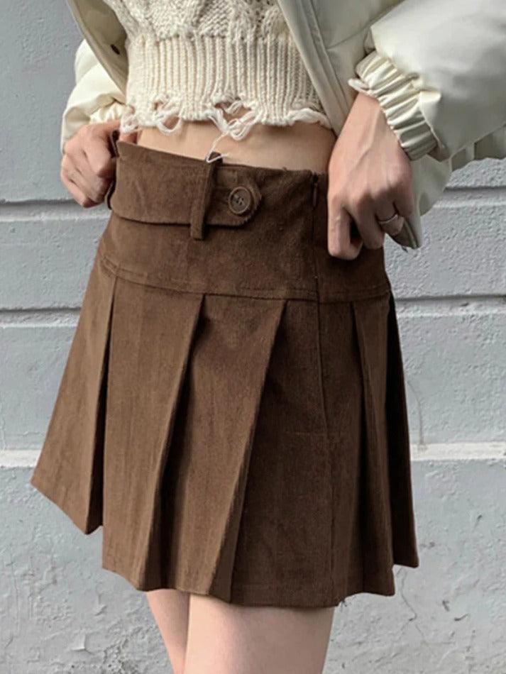Vintage Brown Corduroy Belted Pleated Mini Skirt