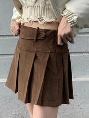 Vintage Brown Corduroy Belted Pleated Mini Skirt