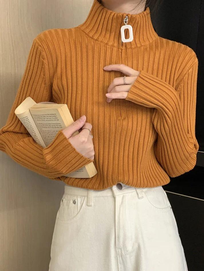Solid Half Zip Ribbed Knit Sweater