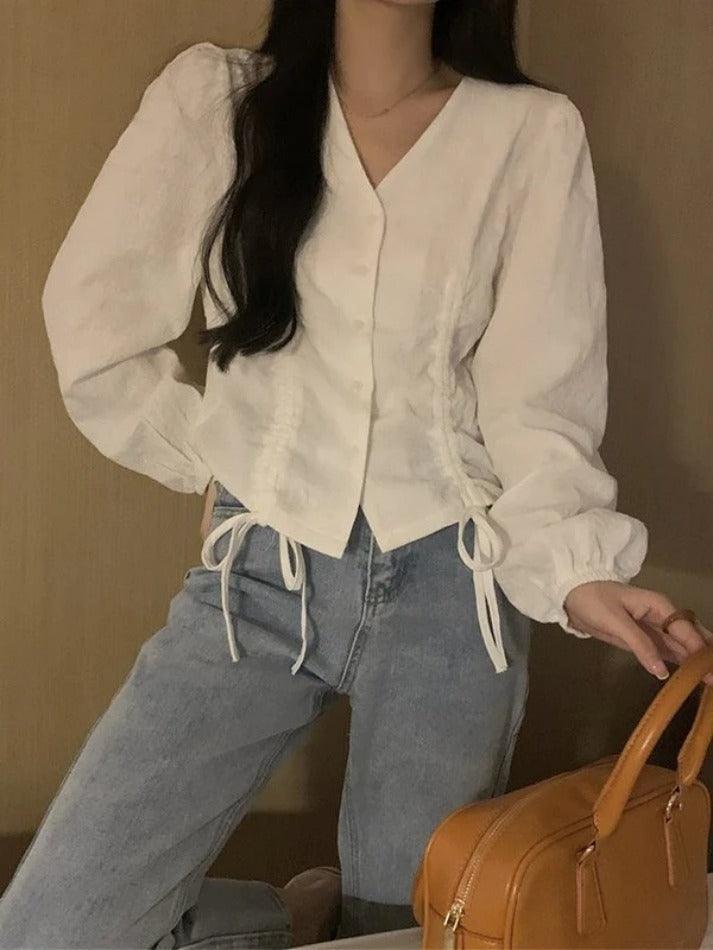Lace Up Button Front Long Sleeve Blouse