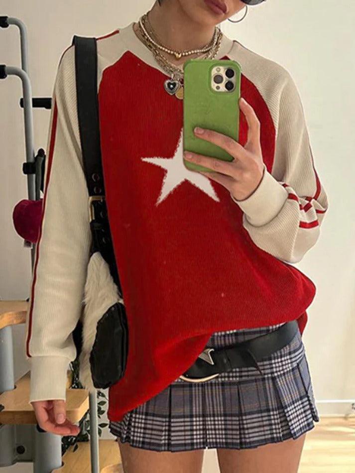 Vintage Contrast Color Star Raglan Sweater