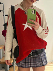 Vintage Contrast Color Star Raglan Sweater
