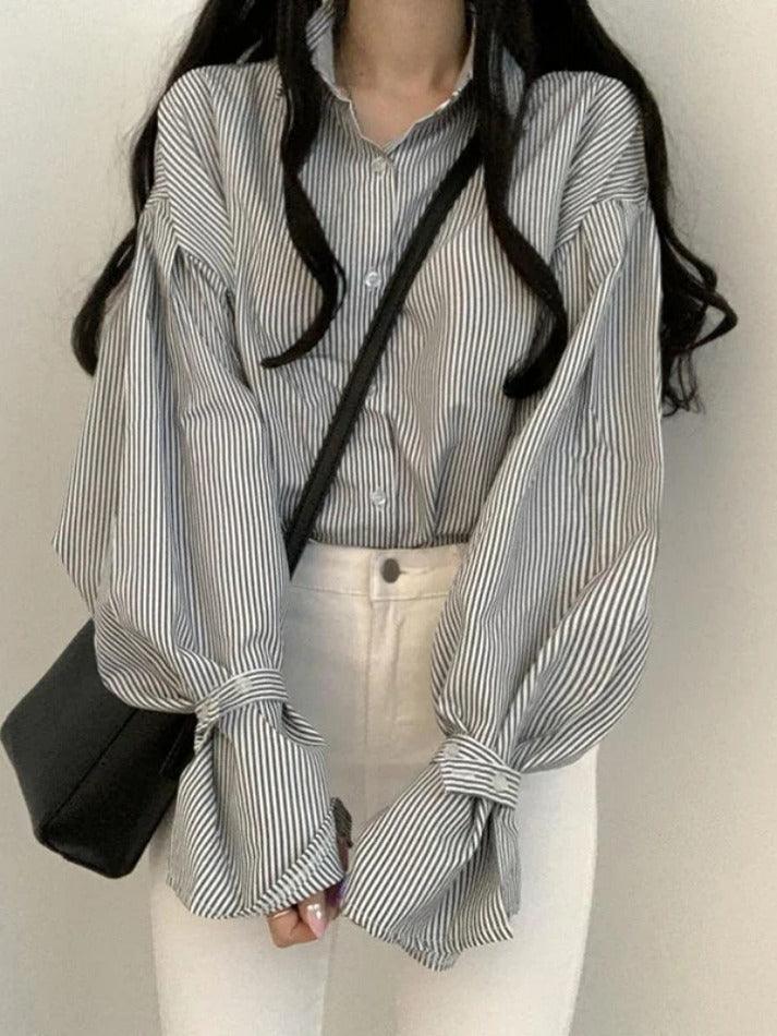 Stripe Lantern Sleeve Long Sleeve Blouse