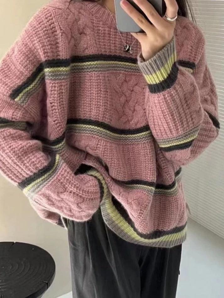 Contrast Color Striped Cable Knit Sweater