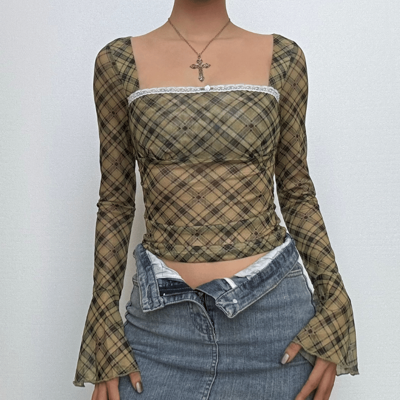 Long flared sleeve plaid print lace hem top