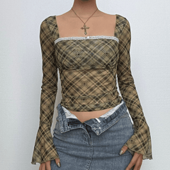 Long flared sleeve plaid print lace hem top