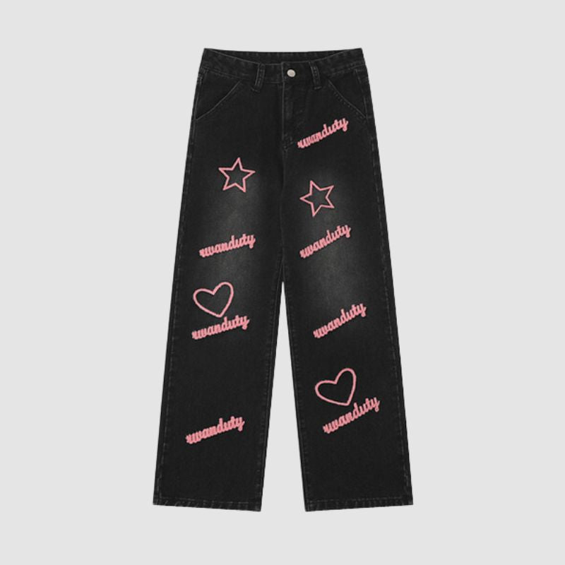 Letter and Star Embroidered Design Jeans