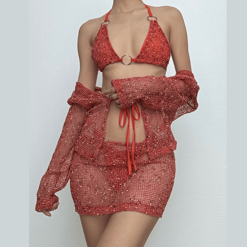 Long sleeve hollow out o ring halter 4 piece mini skirt set