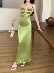 Sexy Spaghetti Strap Floral Satin Maxi Dress