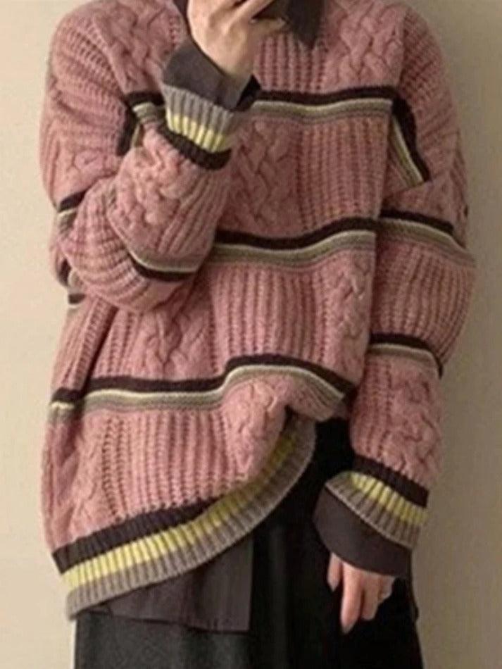 Contrast Color Striped Cable Knit Sweater