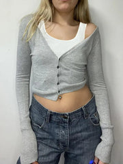 Basic Grey Patched Slim Buttons Knit Top