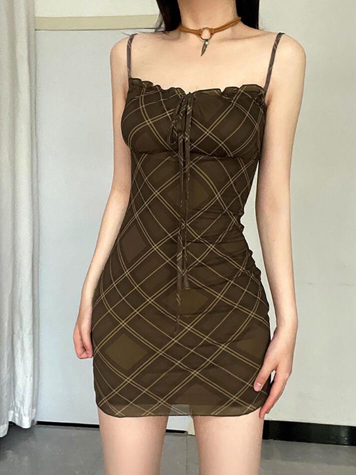 Vintage Plaid Drawstring Tie Mesh Halter Dress